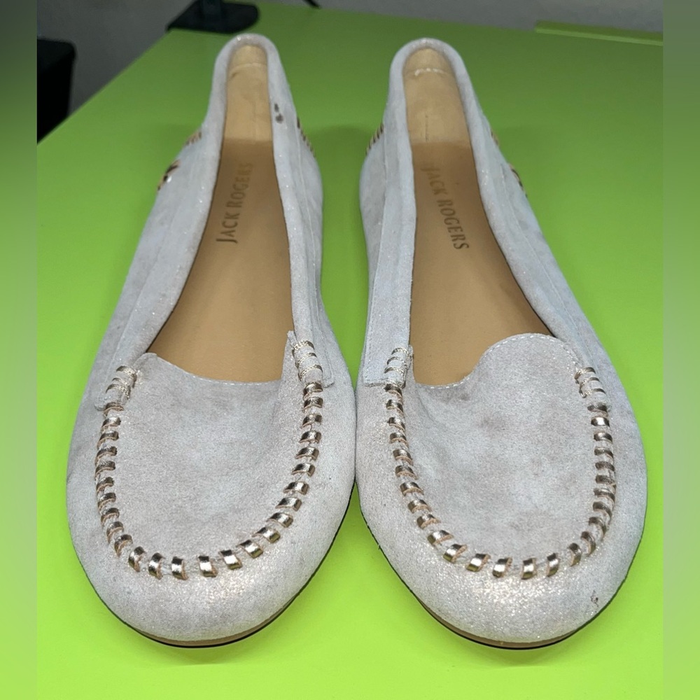 Jack Rogers Light Gray Suede Loafers with Gold Accent